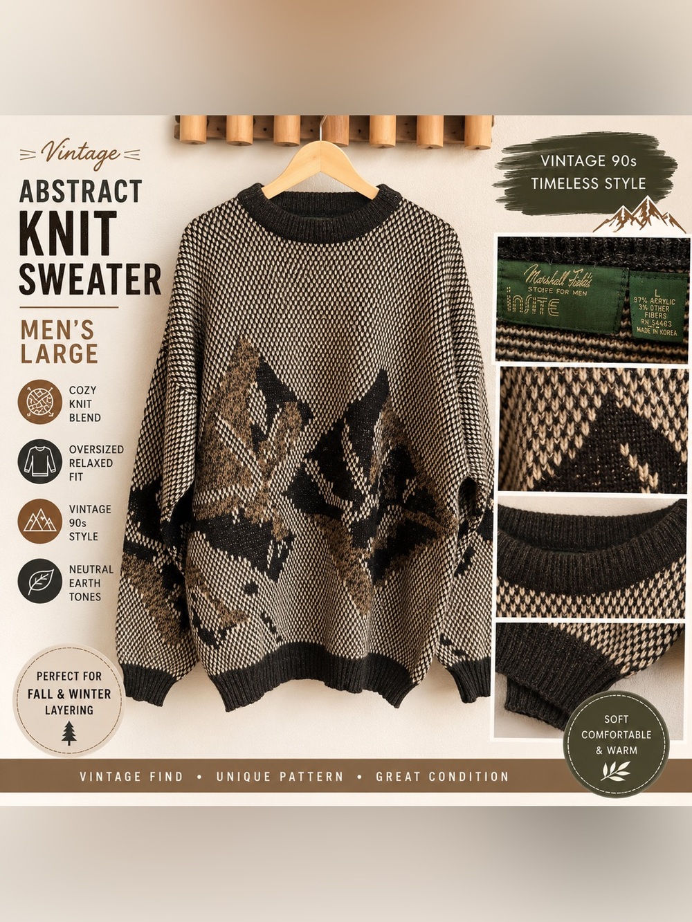Vintage Abstract Knit Sweater Mens L Neutral Brown Oversized 90s